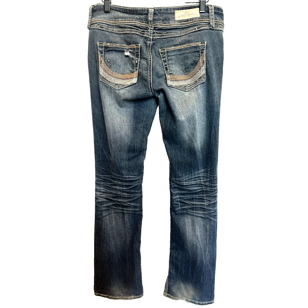 Y2K Almost Famous Womens Low Rise Boot Cut Jeans‎ Size 9 Distressed Whiskered